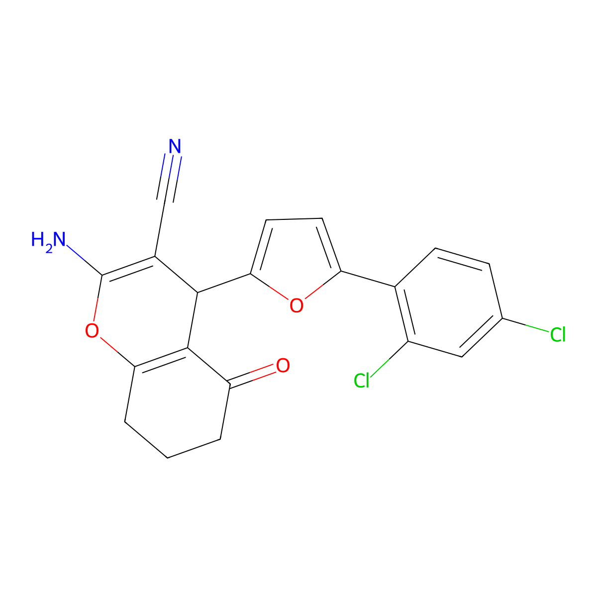 2-amino-4-(5-(2,4-dichlorophenyl)furan-2-yl)-5-oxo-5,6,7,8-tetrahydro-4H-chromene-3-carbonitrile molecular structure, CAS 332883-80-4
