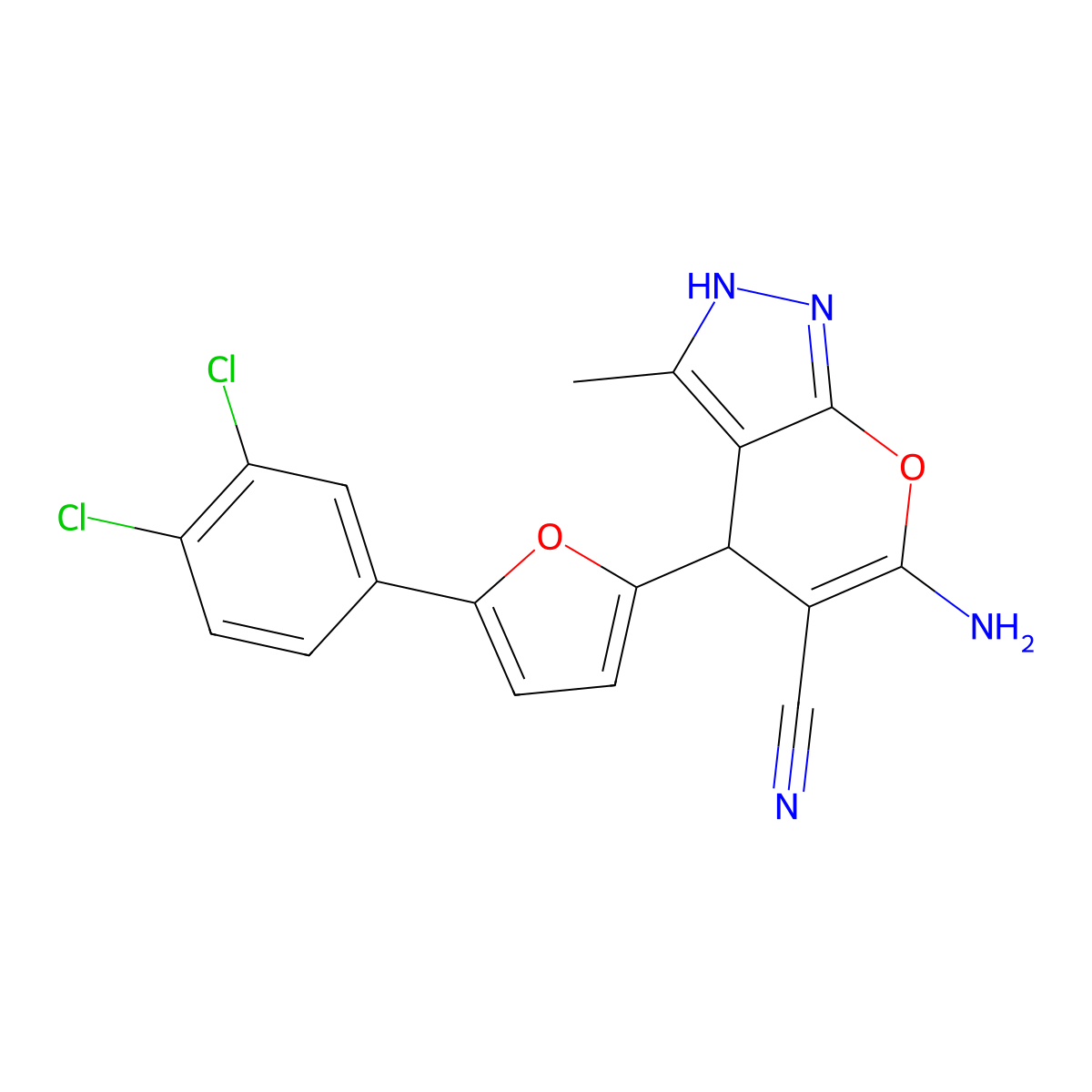 6-Amino-4-[5-(3,4-dichlorophenyl)furan-2-yl]-3-methyl-1,4-dihydropyrano[2,3-c]pyrazole-5-carbonitrile molecular structure, CAS 332883-97-3