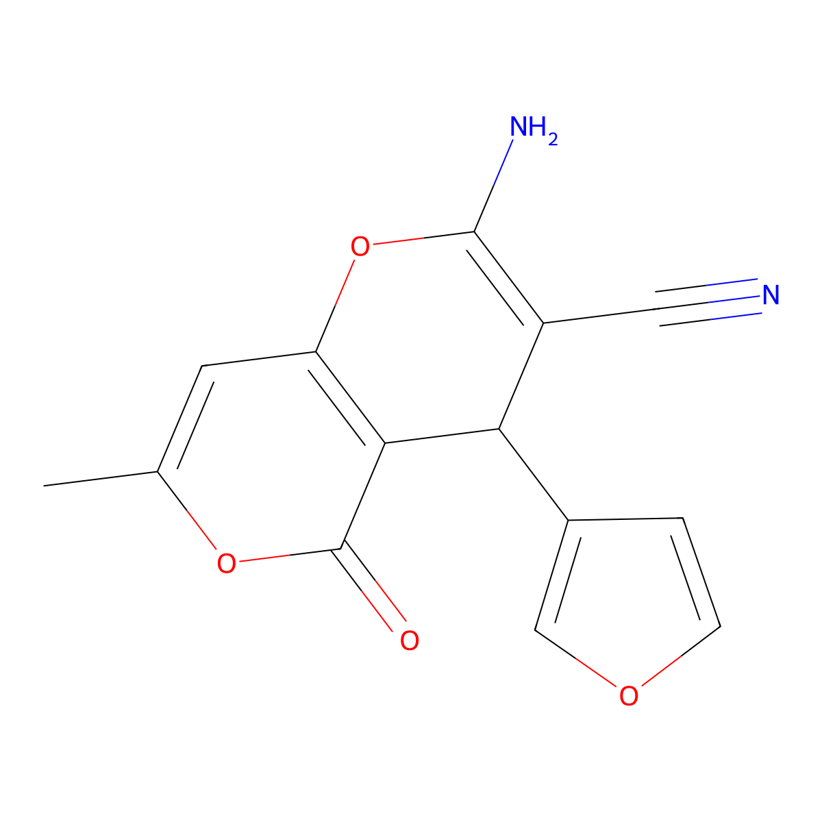 2-Amino-4-furan-3-yl-7-methyl-5-oxo-4H,5H-pyrano[4,3-b]pyran-3-carbonitrile molecular structure, CAS 332884-00-1