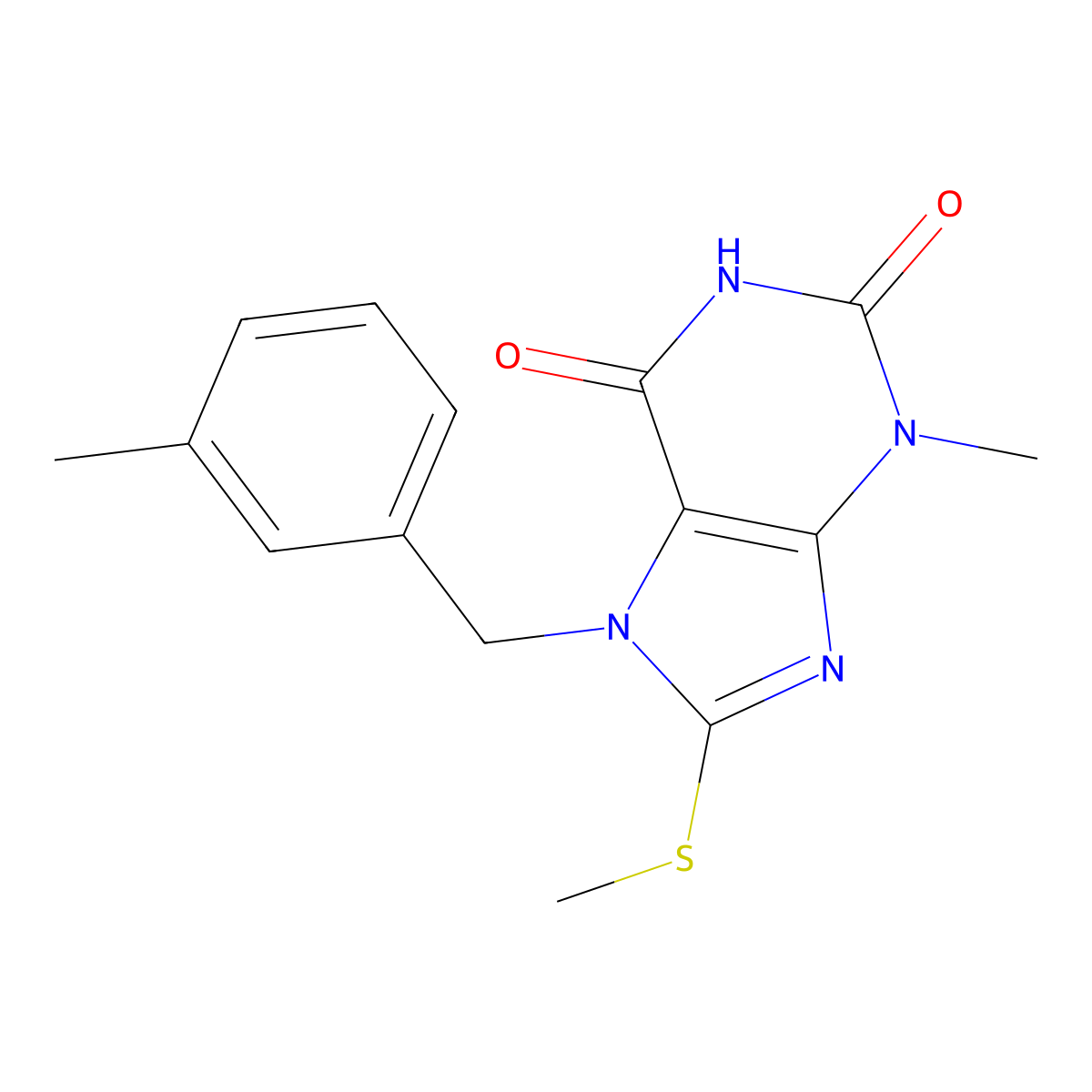 3-methyl-7-(3-methylbenzyl)-8-(methylthio)-1H-purine-2,6(3H,7H)-dione molecular structure, CAS 332897-25-3