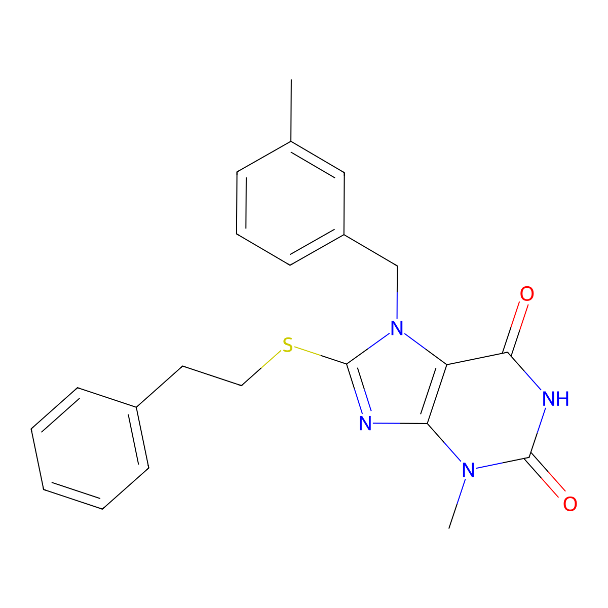 3-methyl-7-[(3-methylphenyl)methyl]-8-[(2-phenylethyl)sulfanyl]-2,3,6,7-tetrahydro-1H-purine-2,6-dione molecular structure, CAS 332897-26-4