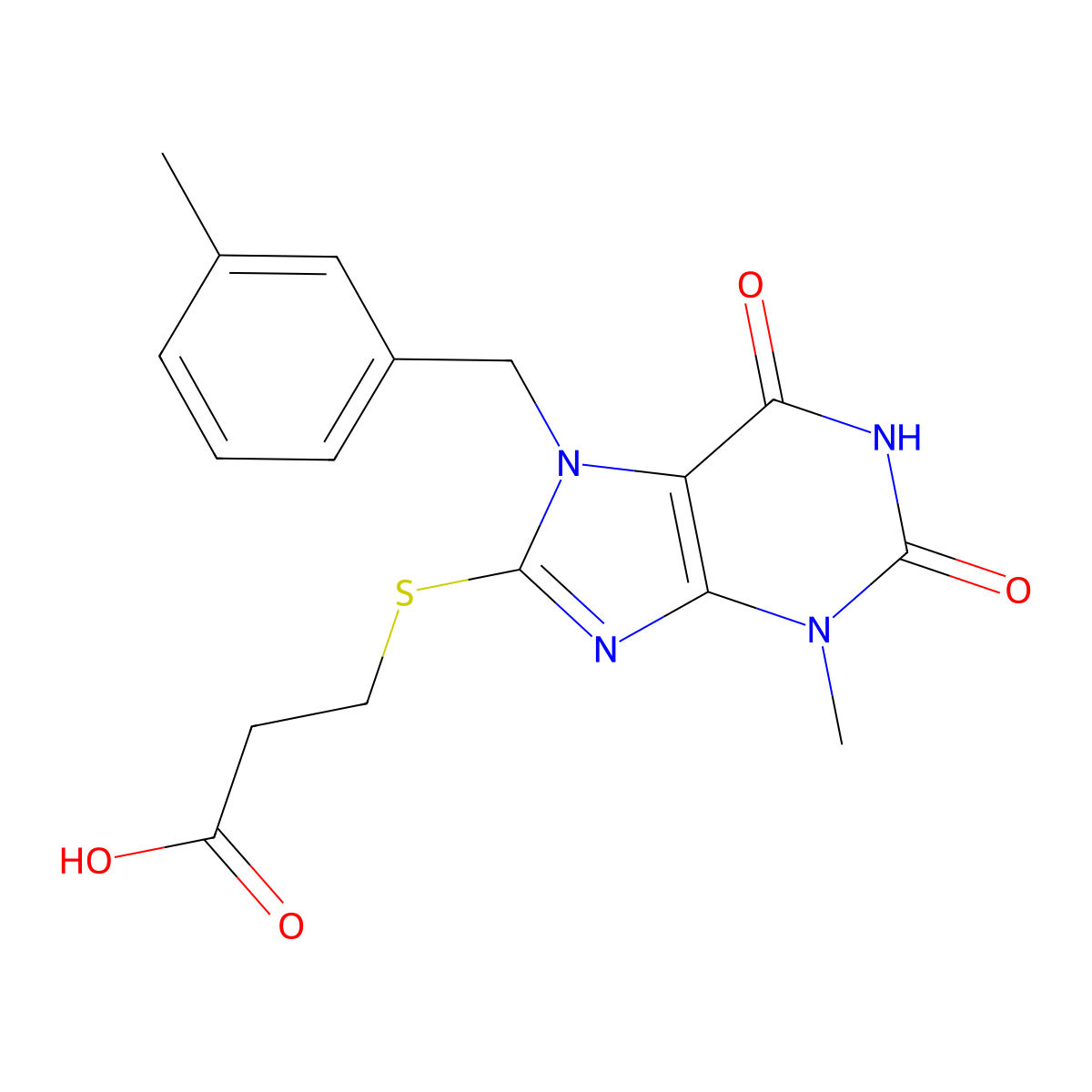3-[3-Methyl-7-[(3-methylphenyl)methyl]-2,6-dioxopurin-8-yl]sulfanylpropanoic acid molecular structure, CAS 332897-27-5