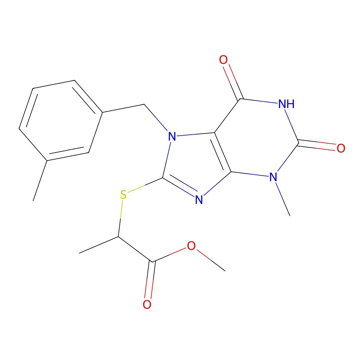 Methyl 2-[3-methyl-7-[(3-methylphenyl)methyl]-2,6-dioxopurin-8-yl]sulfanylpropanoate molecular structure, CAS 332897-28-6