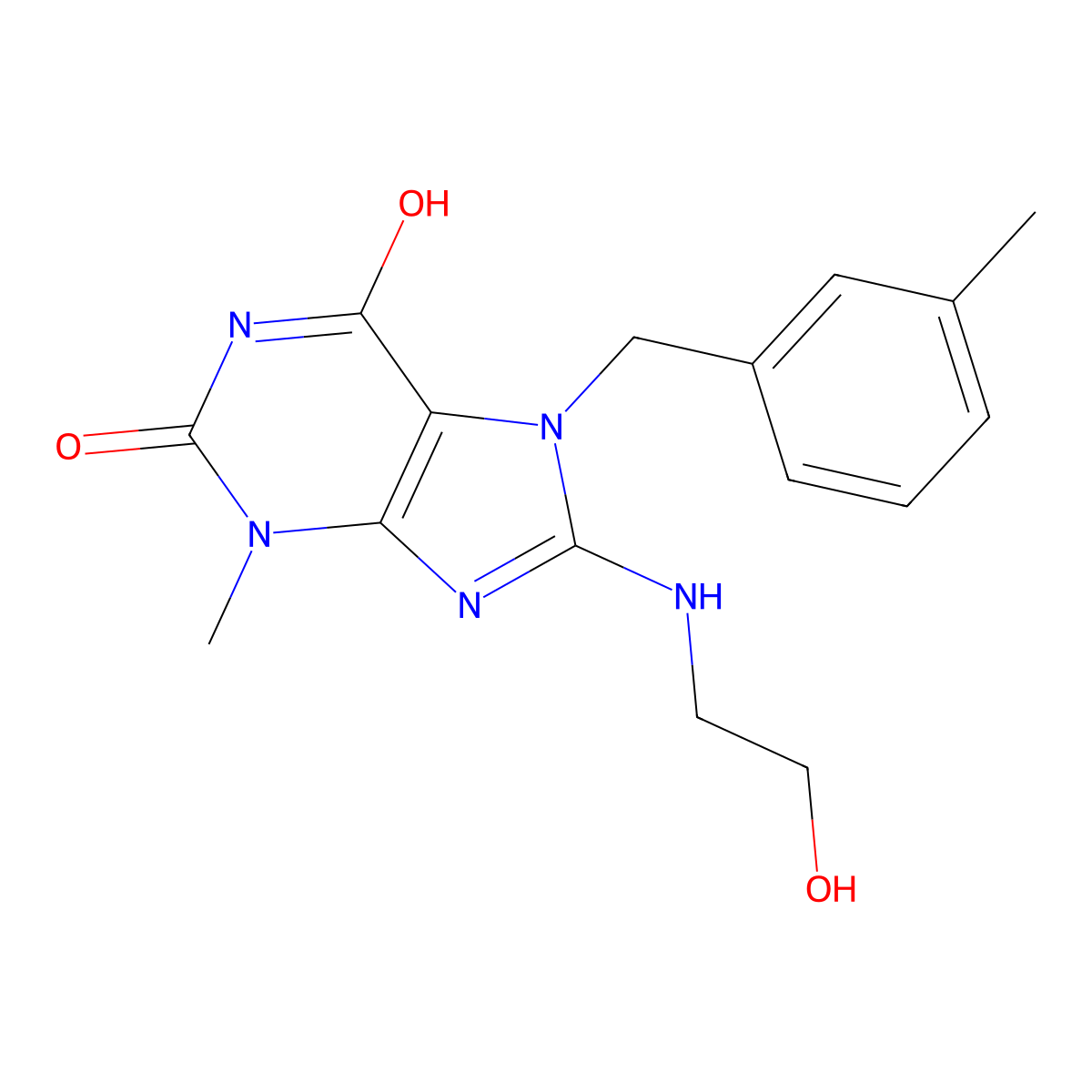 8-((2-hydroxyethyl)amino)-3-methyl-7-(3-methylbenzyl)-1H-purine-2,6(3H,7H)-dione molecular structure, CAS 332897-29-7