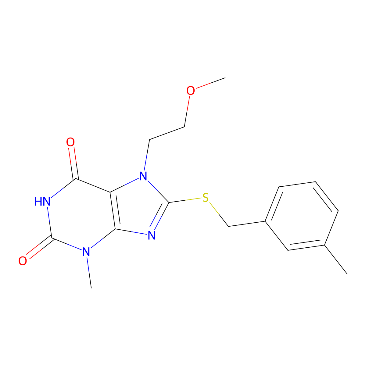 7-(2-methoxyethyl)-3-methyl-8-{[(3-methylphenyl)methyl]sulfanyl}-2,3,6,7-tetrahydro-1H-purine-2,6-dione molecular structure, CAS 332897-55-9