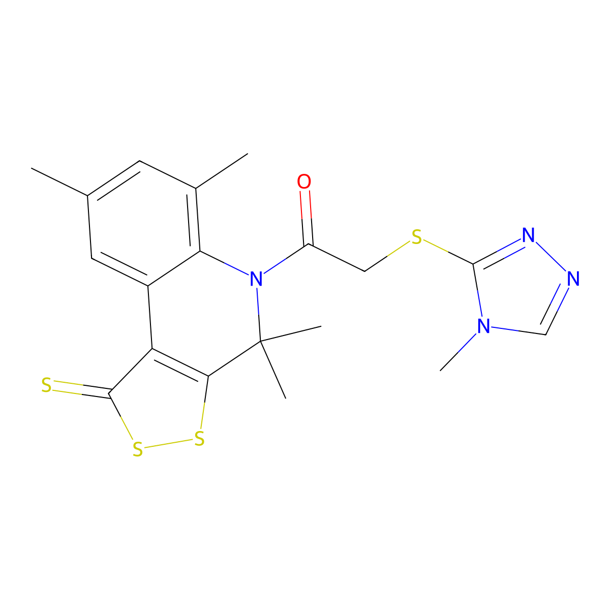 2-[(4-Methyl-1,2,4-triazol-3-yl)sulfanyl]-1-(4,4,6,8-tetramethyl-1-sulfanylidenedithiolo[3,4-c]quinolin-5-yl)ethanone molecular structure, CAS 332897-78-6