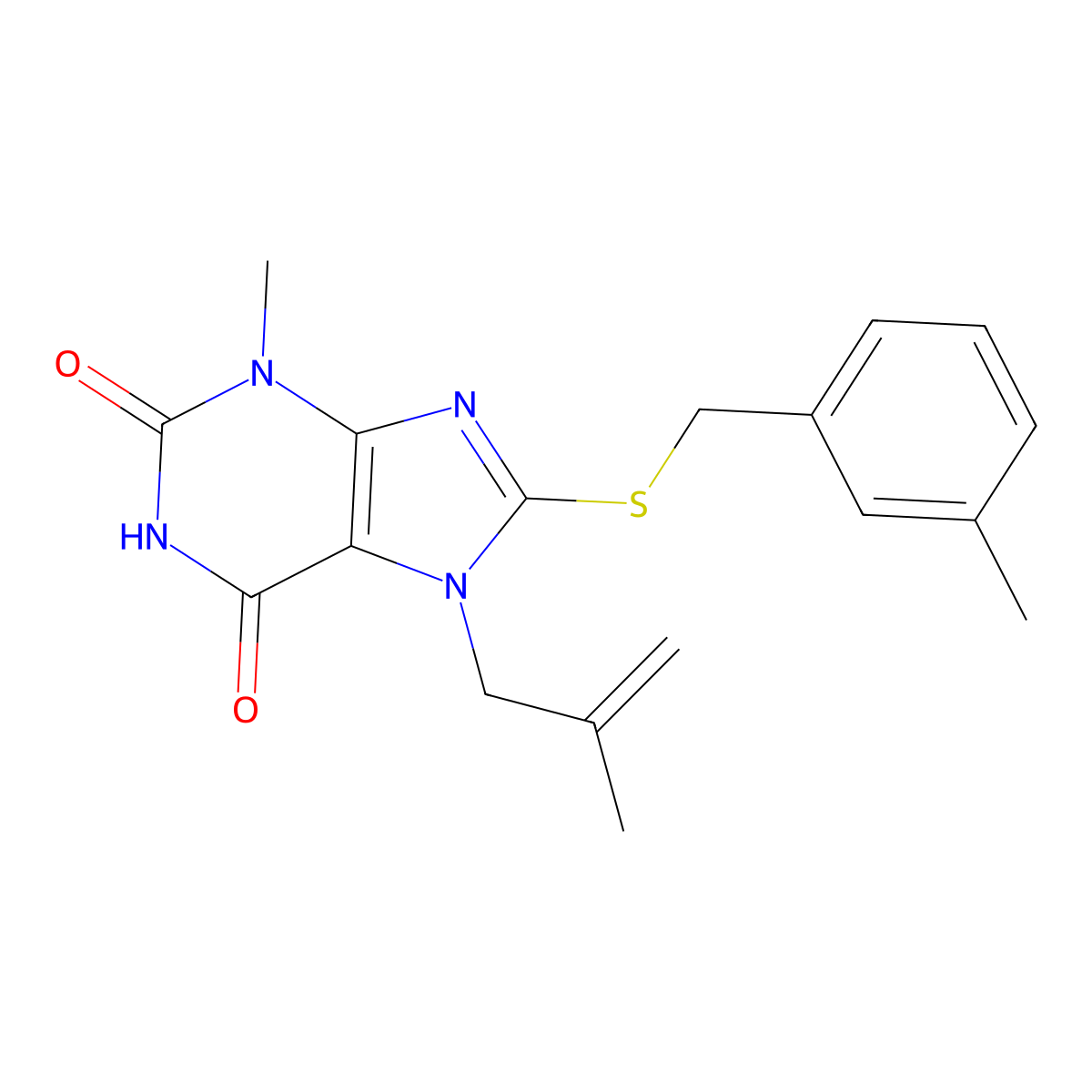 3-Methyl-8-[(3-methylphenyl)methylsulfanyl]-7-(2-methylprop-2-enyl)purine-2,6-dione molecular structure, CAS 332897-86-6