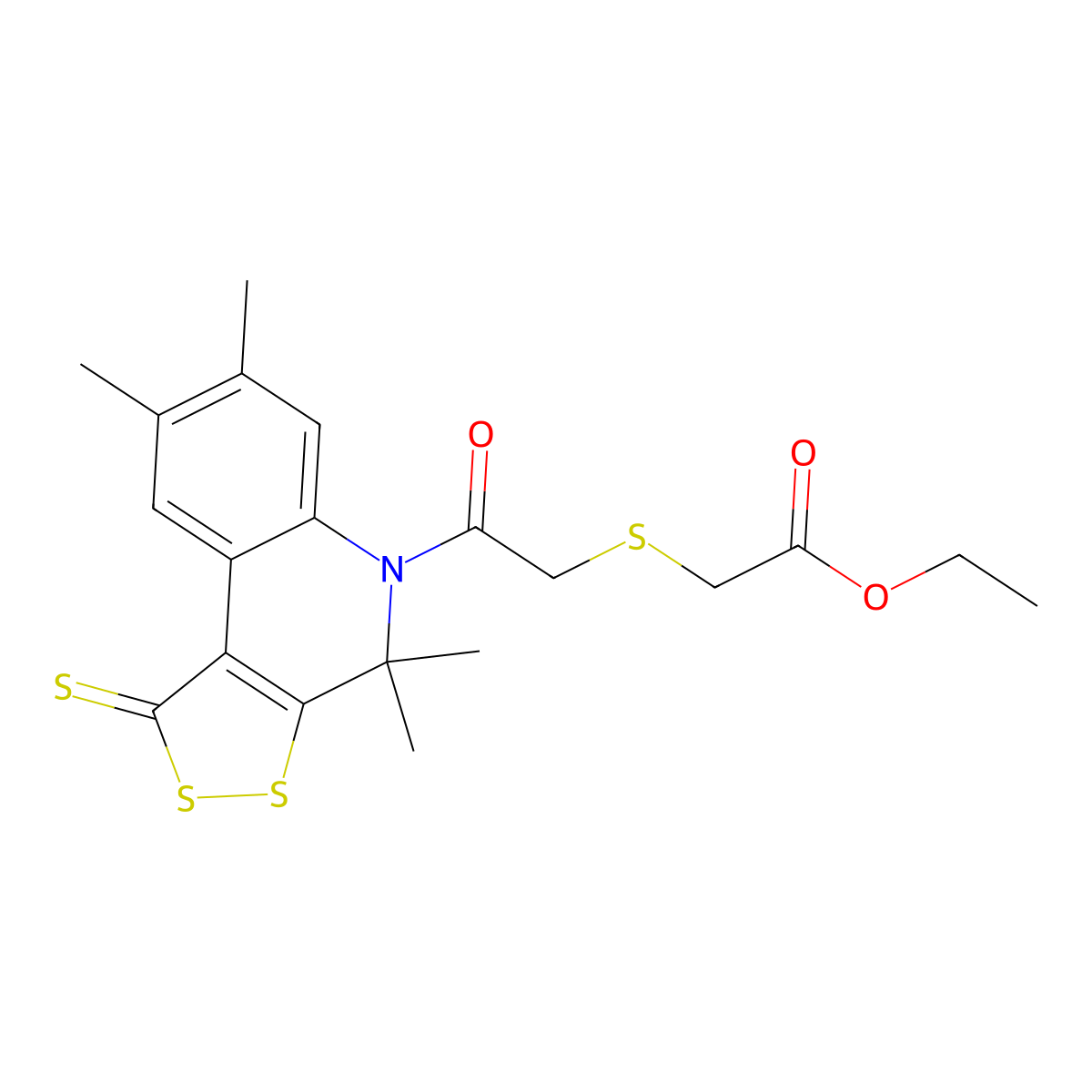 Ethyl 2-[2-oxo-2-(4,4,7,8-tetramethyl-1-sulfanylidenedithiolo[3,4-c]quinolin-5-yl)ethyl]sulfanylacetate molecular structure, CAS 332898-08-5