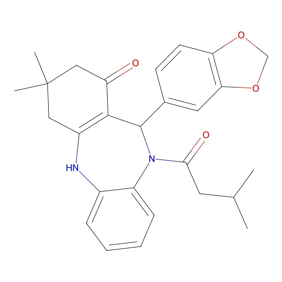 6-(1,3-Benzodioxol-5-yl)-9,9-dimethyl-5-(3-methylbutanoyl)-6,8,10,11-tetrahydrobenzo[b][1,4]benzodiazepin-7-one molecular structure, CAS 332898-84-7