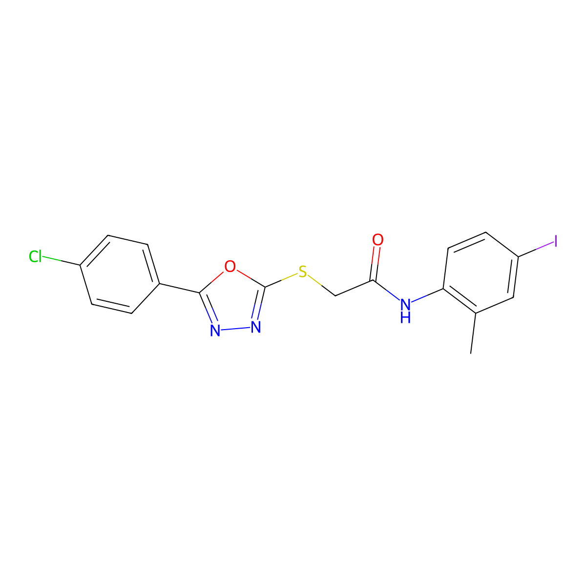 2-((5-(4-Chlorophenyl)-1,3,4-oxadiazol-2-yl)thio)-N-(4-iodo-2-methylphenyl)acetamide molecular structure, CAS 332904-32-2