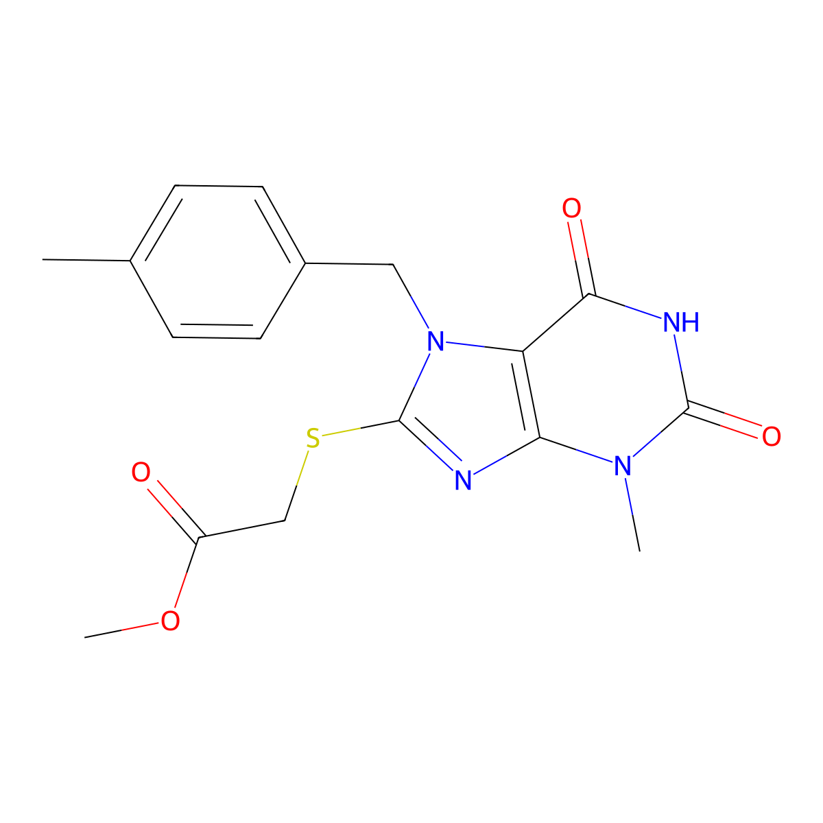 Methyl 2-[3-methyl-7-[(4-methylphenyl)methyl]-2,6-dioxopurin-8-yl]sulfanylacetate molecular structure, CAS 332904-57-1
