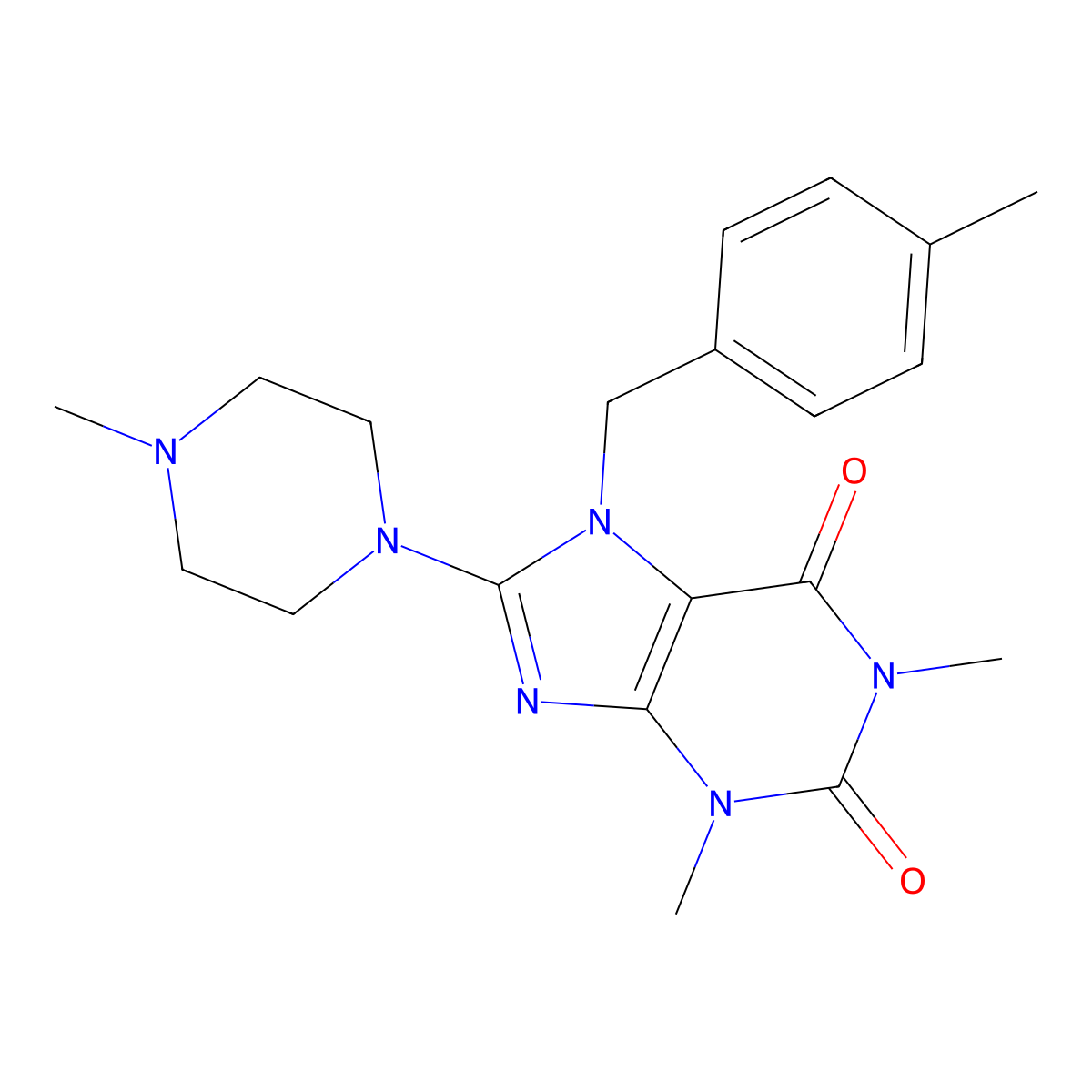 1,3-Dimethyl-7-(4-methylbenzyl)-8-(4-methyl-1-piperazinyl)-3,7-dihydro-1H-purine-2,6-dione molecular structure, CAS 332904-77-5