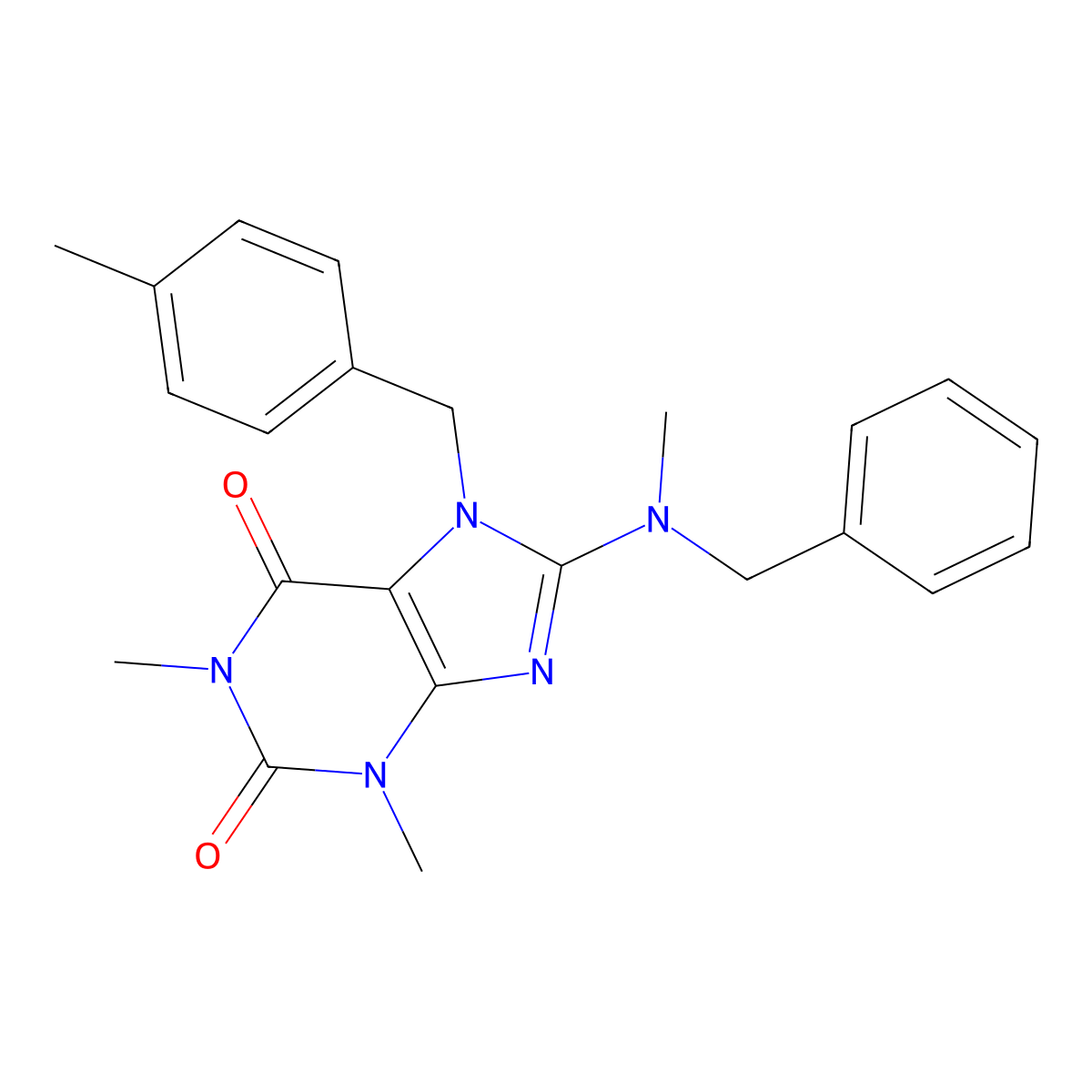 8-(Benzyl(ME)amino)-1,3-dimethyl-7-(4-ME-benzyl)-3,7-dihydro-1H-purine-2,6-dione molecular structure, CAS 332904-82-2