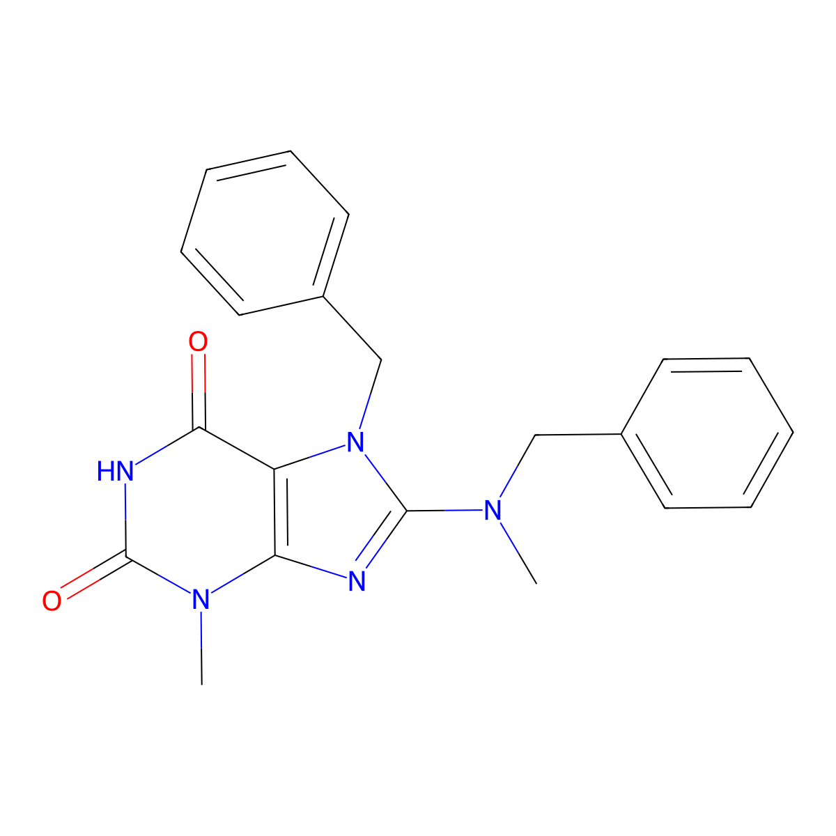 7-Benzyl-8-(benzyl(methyl)amino)-3-methyl-3,7-dihydro-1H-purine-2,6-dione molecular structure, CAS 332904-97-9