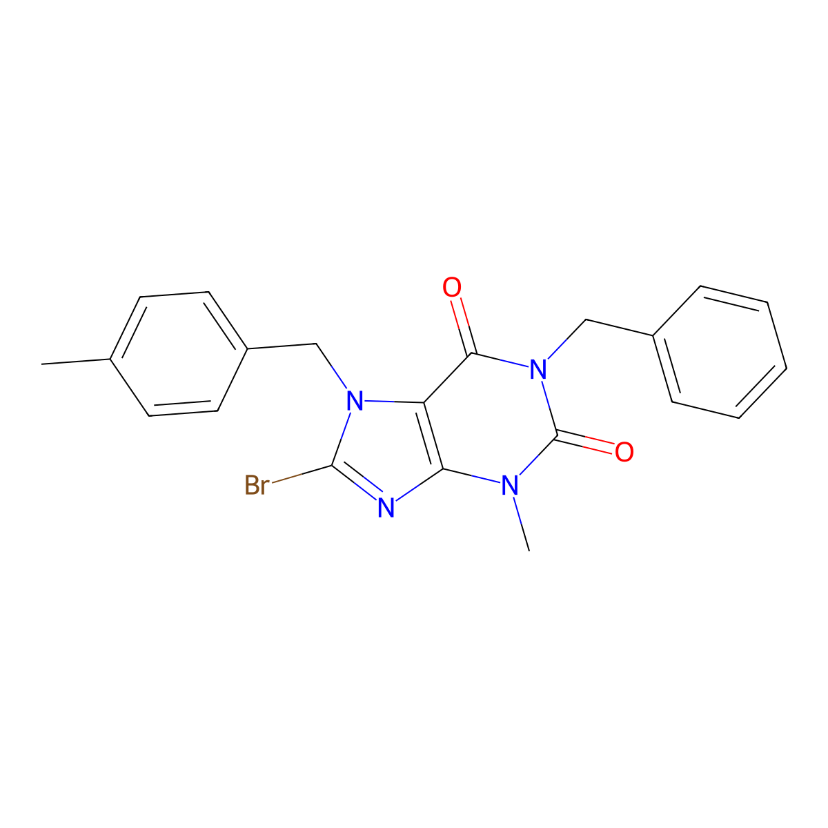 1-Benzyl-8-bromo-3-methyl-7-(4-methylbenzyl)-3,7-dihydro-1H-purine-2,6-dione molecular structure, CAS 332905-07-4