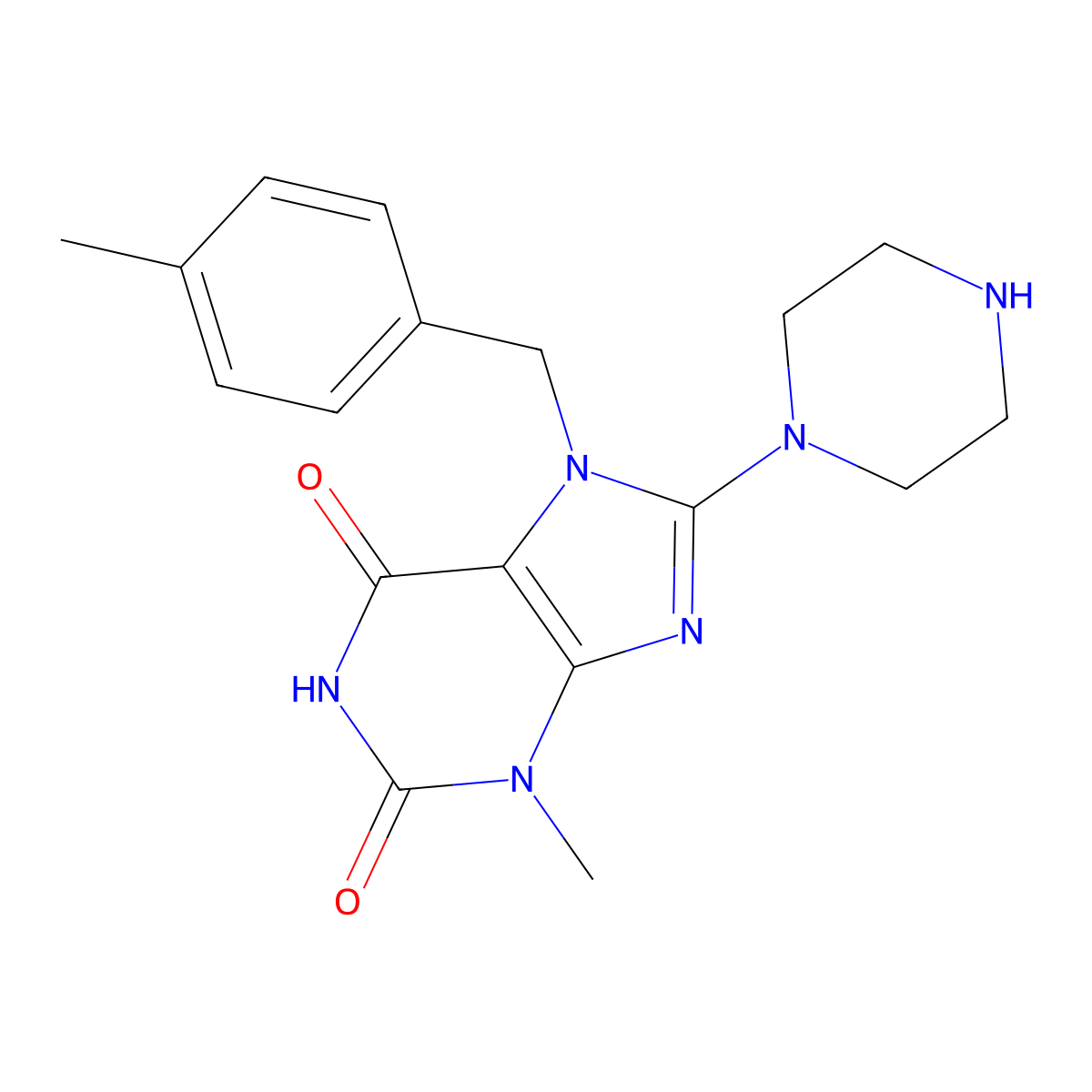 3-Methyl-7-(4-methylbenzyl)-8-(1-piperazinyl)-3,7-dihydro-1H-purine-2,6-dione molecular structure, CAS 332905-08-5