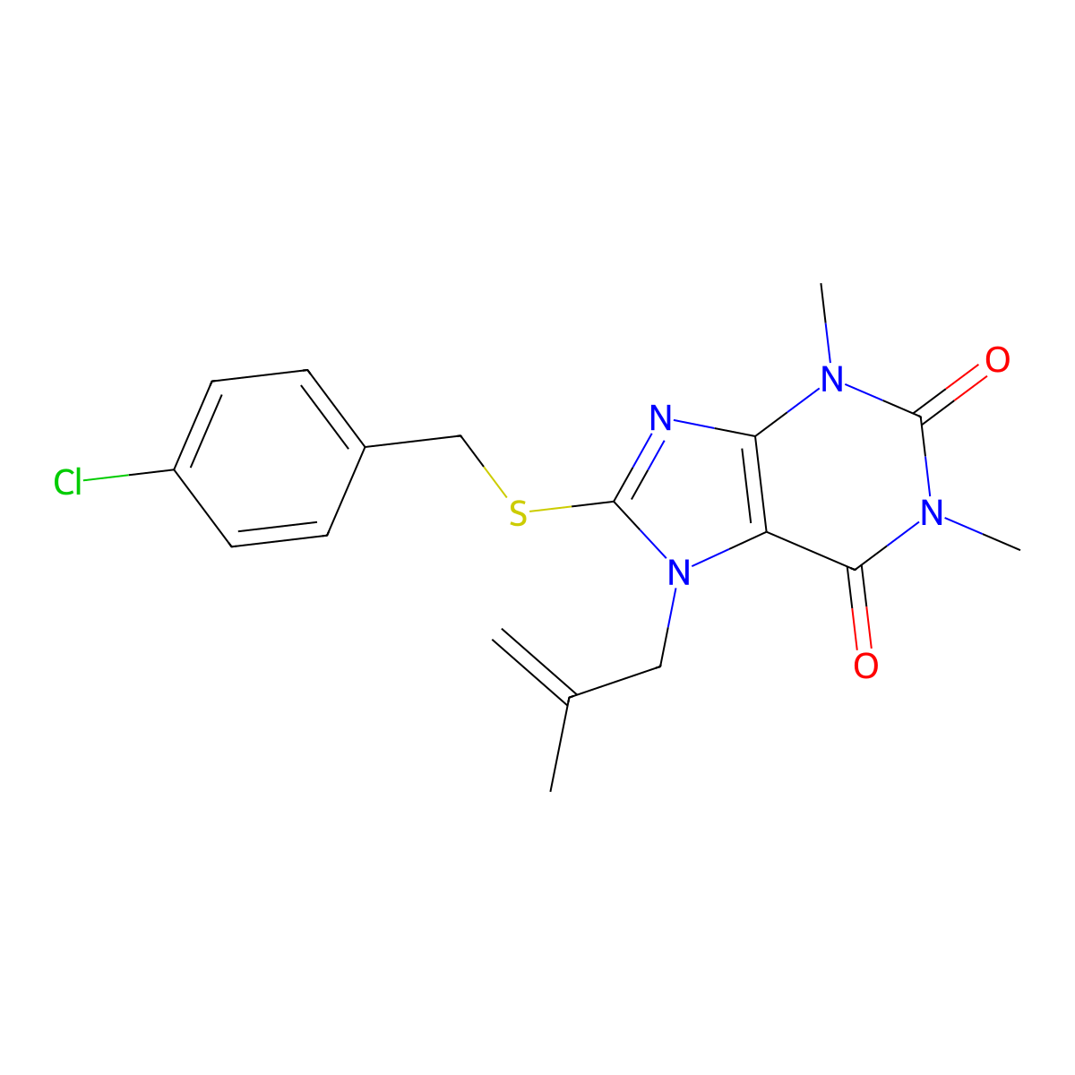 8-[(4-Chlorophenyl)methylsulfanyl]-1,3-dimethyl-7-(2-methylprop-2-enyl)purine-2,6-dione molecular structure, CAS 332905-17-6