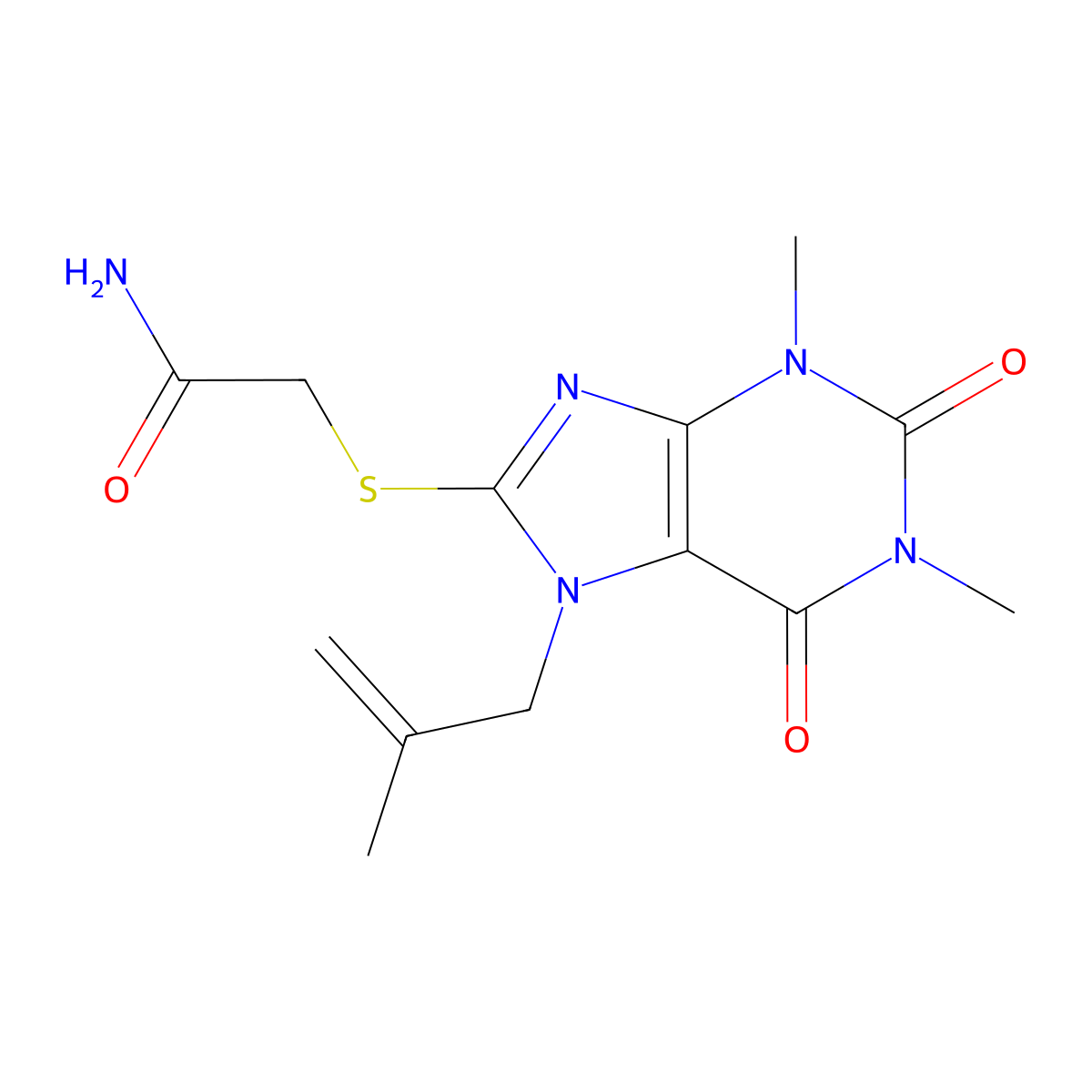 2-[1,3-Dimethyl-7-(2-methylprop-2-enyl)-2,6-dioxopurin-8-yl]sulfanylacetamide molecular structure, CAS 332905-18-7