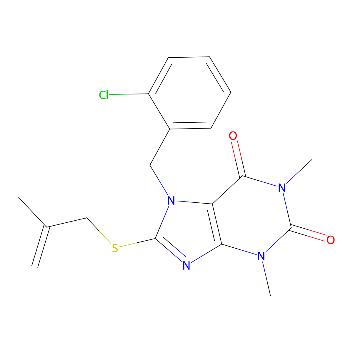 7-[(2-chlorophenyl)methyl]-1,3-dimethyl-8-[(2-methylprop-2-en-1-yl)sulfanyl]-2,3,6,7-tetrahydro-1H-purine-2,6-dione molecular structure, CAS 332905-22-3