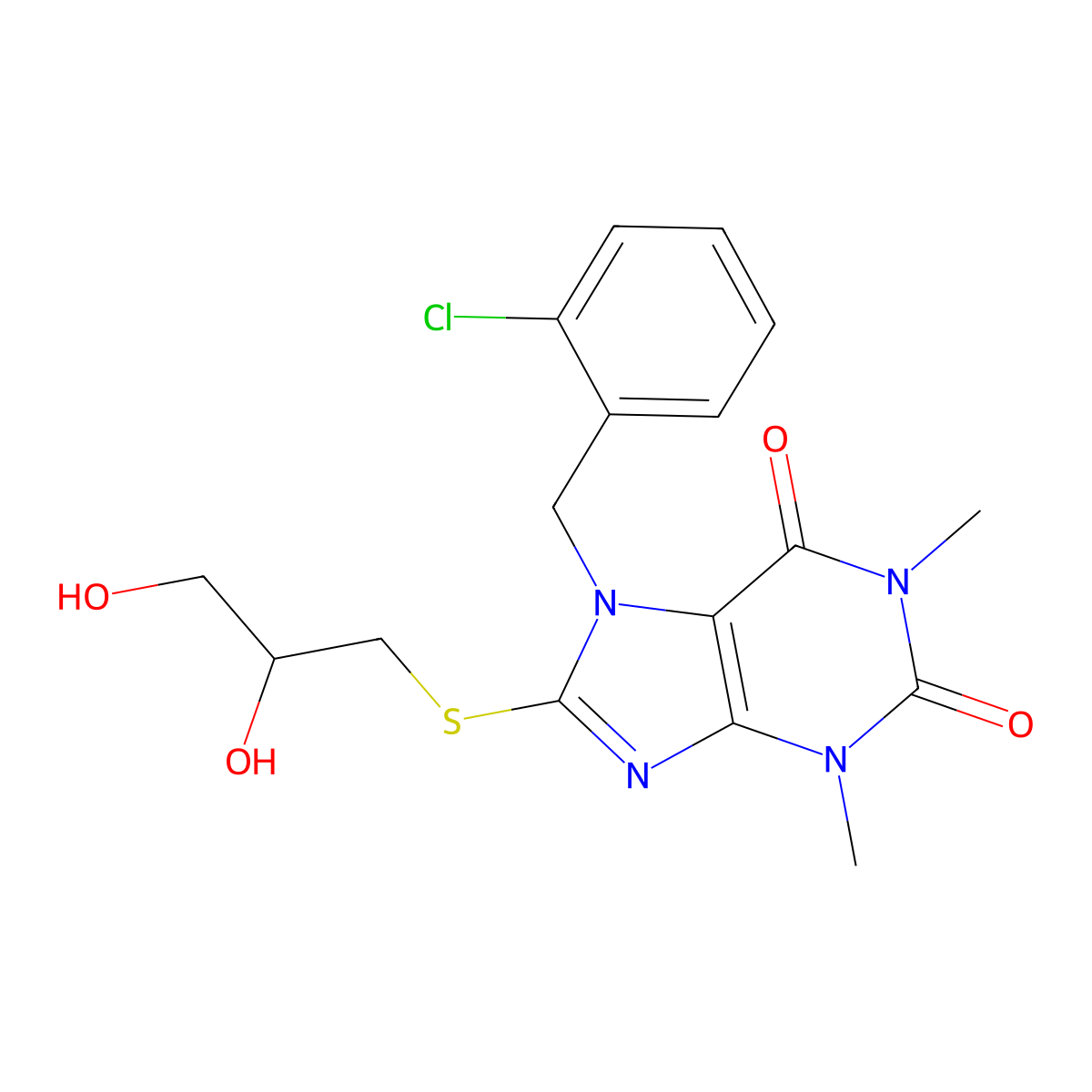 7-[(2-Chlorophenyl)methyl]-8-(2,3-dihydroxypropylsulfanyl)-1,3-dimethylpurine-2,6-dione molecular structure, CAS 332905-24-5