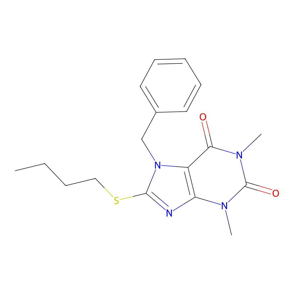7-benzyl-8-(butylthio)-1,3-dimethyl-1H-purine-2,6(3H,7H)-dione molecular structure, CAS 332905-27-8
