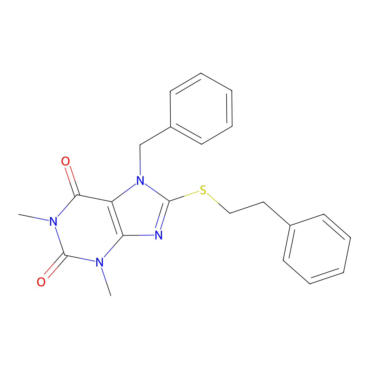 7-benzyl-1,3-dimethyl-8-[(2-phenylethyl)sulfanyl]-2,3,6,7-tetrahydro-1H-purine-2,6-dione molecular structure, CAS 332905-30-3