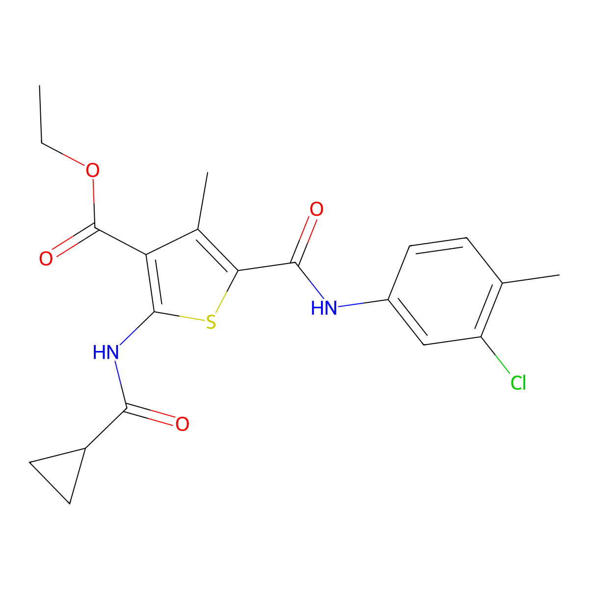 Ethyl 5-[(3-chloro-4-methylphenyl)carbamoyl]-2-[(cyclopropylcarbonyl)amino]-4-methylthiophene-3-carboxylate molecular structure, CAS 332905-35-8