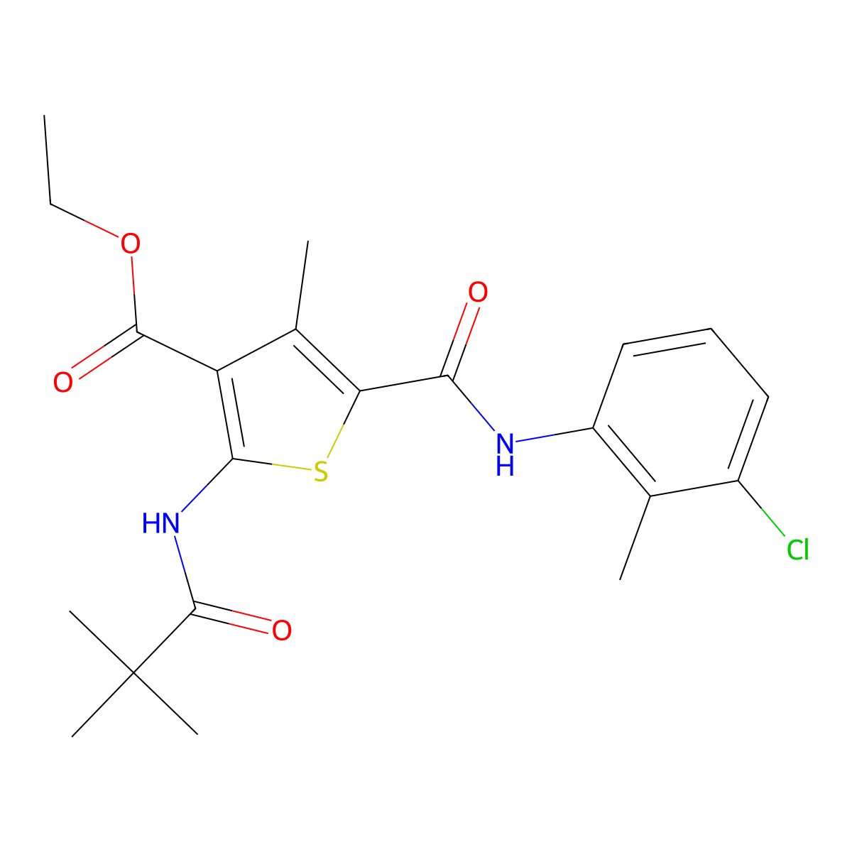 Ethyl 5-[(3-chloro-2-methylphenyl)carbamoyl]-2-[(2,2-dimethylpropanoyl)amino]-4-methylthiophene-3-carboxylate molecular structure, CAS 332905-36-9