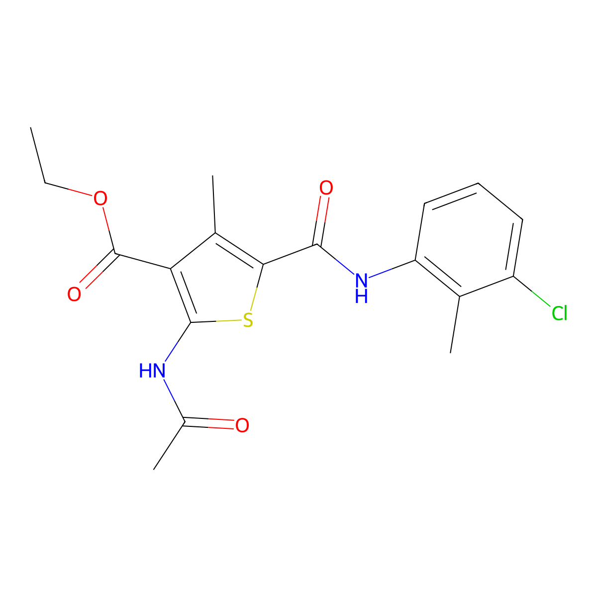Ethyl 2-acetamido-5-((3-chloro-2-methylphenyl)carbamoyl)-4-methylthiophene-3-carboxylate molecular structure, CAS 332905-40-5