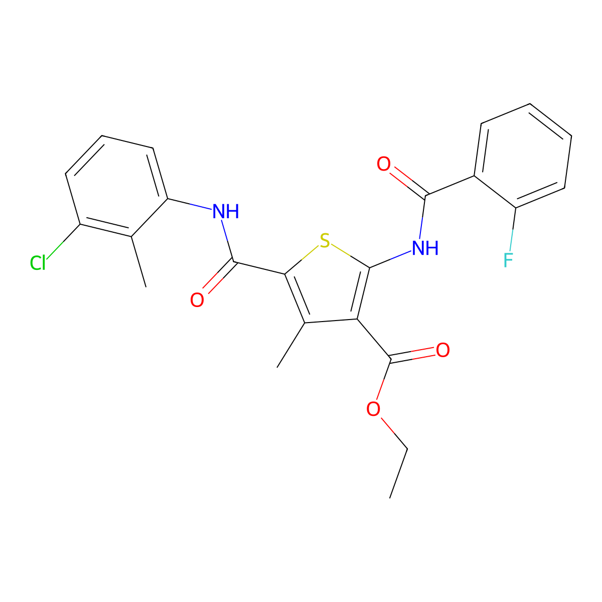 Ethyl 5-[(3-chloro-2-methylphenyl)carbamoyl]-2-{[(2-fluorophenyl)carbonyl]amino}-4-methylthiophene-3-carboxylate molecular structure, CAS 332905-58-5