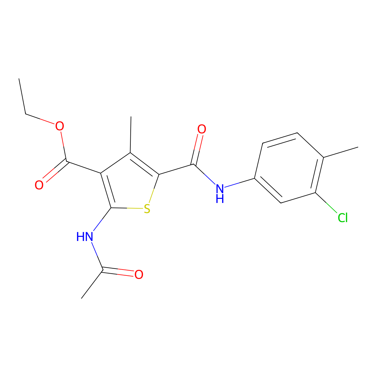 Ethyl 2-acetamido-5-((3-chloro-4-methylphenyl)carbamoyl)-4-methylthiophene-3-carboxylate molecular structure, CAS 332905-66-5