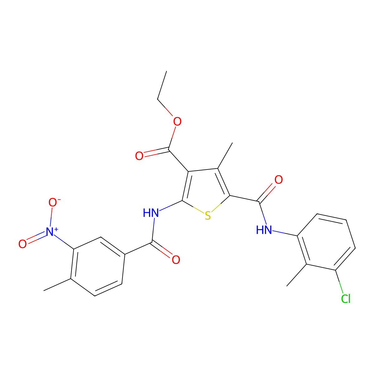 Ethyl 5-[(3-chloro-2-methylphenyl)carbamoyl]-4-methyl-2-{[(4-methyl-3-nitrophenyl)carbonyl]amino}thiophene-3-carboxylate molecular structure, CAS 332905-69-8