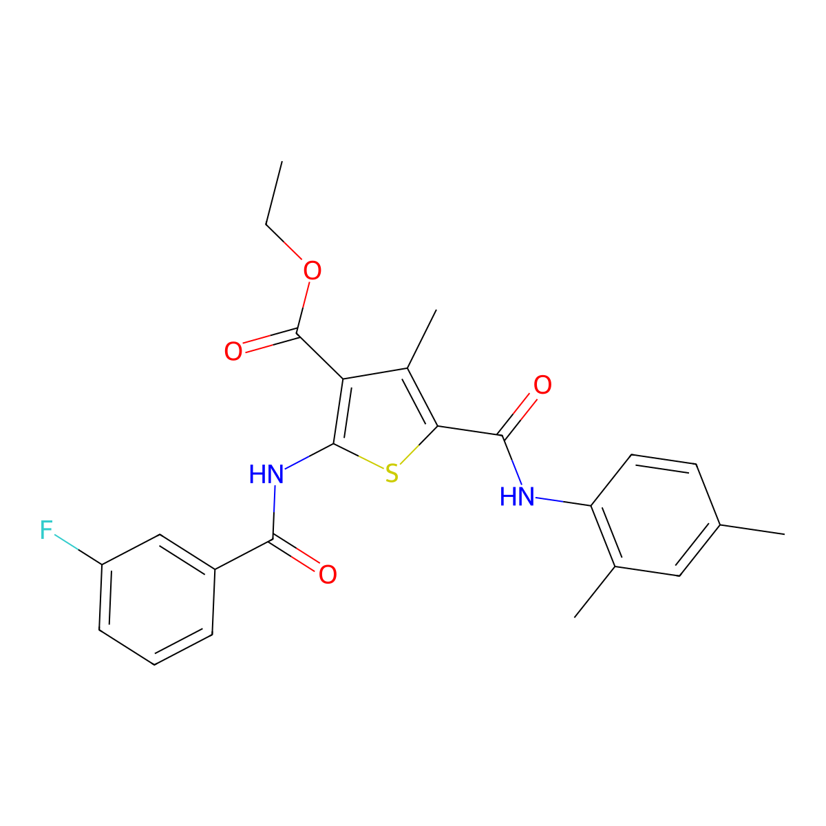 Ethyl 5-[(2,4-dimethylphenyl)carbamoyl]-2-(3-fluorobenzamido)-4-methylthiophene-3-carboxylate molecular structure, CAS 332905-74-5