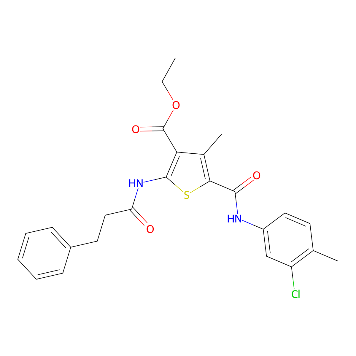 Ethyl 5-[(3-chloro-4-methylphenyl)carbamoyl]-4-methyl-2-[(3-phenylpropanoyl)amino]thiophene-3-carboxylate molecular structure, CAS 332905-77-8