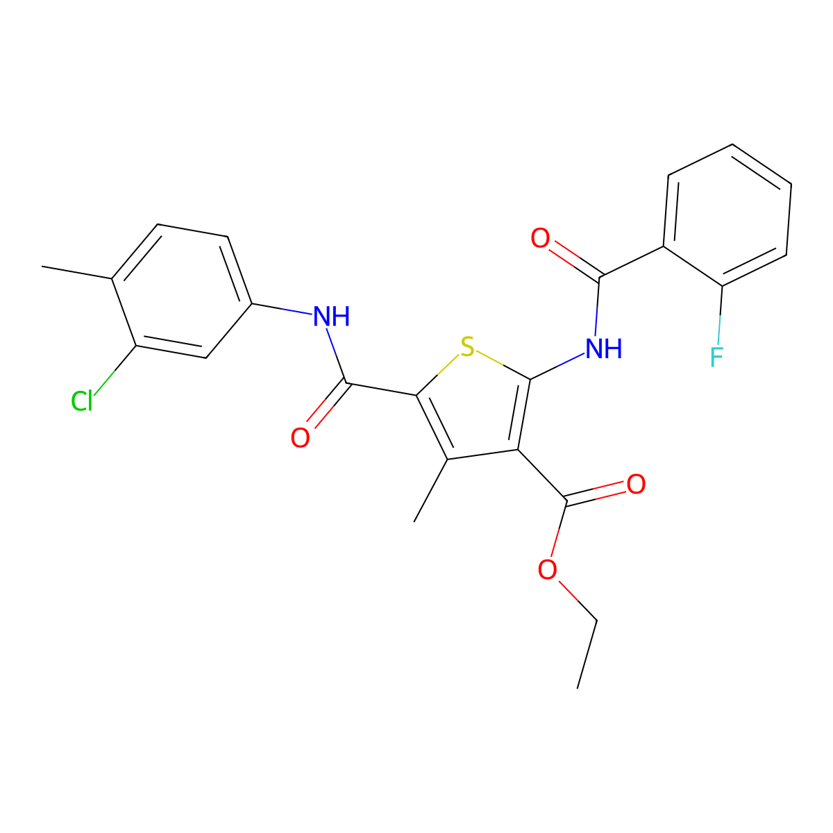 Ethyl 5-[(3-chloro-4-methylphenyl)carbamoyl]-2-{[(2-fluorophenyl)carbonyl]amino}-4-methylthiophene-3-carboxylate molecular structure, CAS 332905-80-3