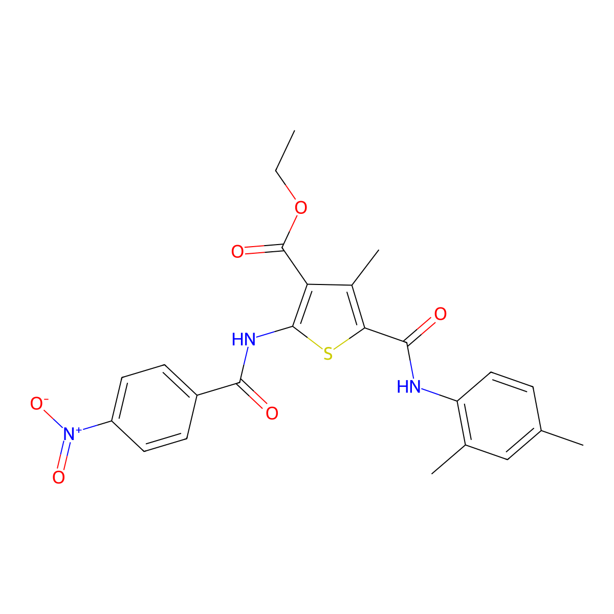 Ethyl 5-[(2,4-dimethylphenyl)carbamoyl]-4-methyl-2-{[(4-nitrophenyl)carbonyl]amino}thiophene-3-carboxylate molecular structure, CAS 332905-87-0