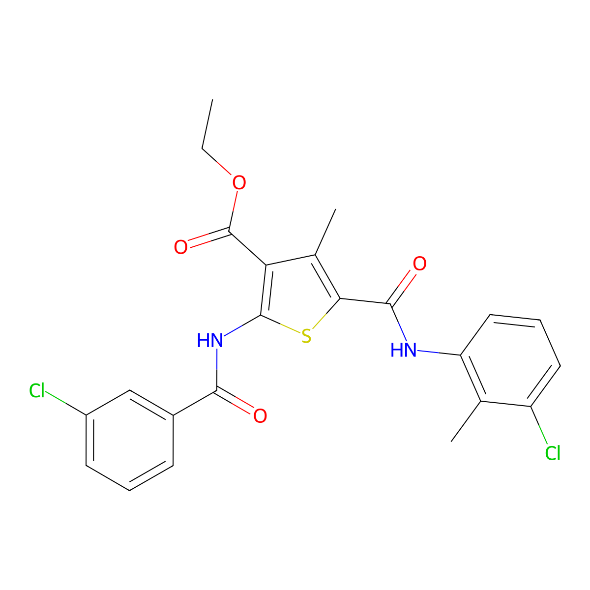 Ethyl 5-[(3-chloro-2-methylphenyl)carbamoyl]-2-{[(3-chlorophenyl)carbonyl]amino}-4-methylthiophene-3-carboxylate molecular structure, CAS 332906-05-5