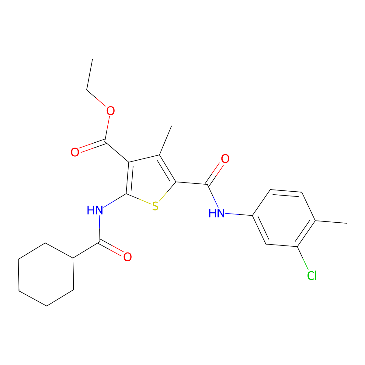 Ethyl 5-[(3-chloro-4-methylphenyl)carbamoyl]-2-[(cyclohexylcarbonyl)amino]-4-methylthiophene-3-carboxylate molecular structure, CAS 332906-08-8