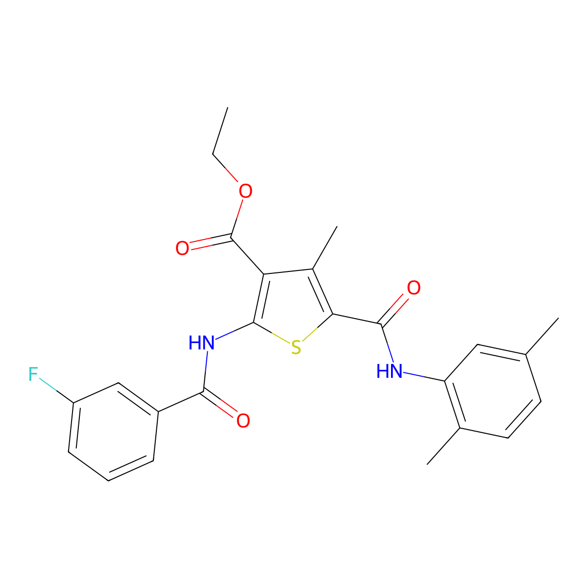 Ethyl 5-[(2,5-dimethylphenyl)carbamoyl]-2-{[(3-fluorophenyl)carbonyl]amino}-4-methylthiophene-3-carboxylate molecular structure, CAS 332906-10-2