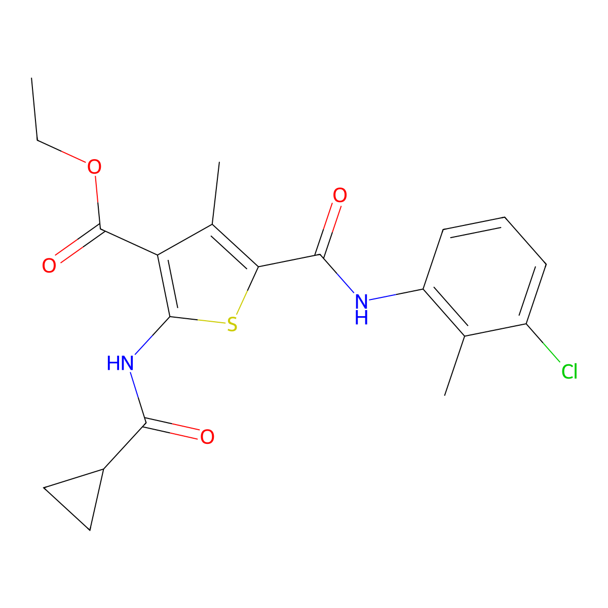 Ethyl 5-[(3-chloro-2-methylphenyl)carbamoyl]-2-[(cyclopropylcarbonyl)amino]-4-methylthiophene-3-carboxylate molecular structure, CAS 332906-11-3
