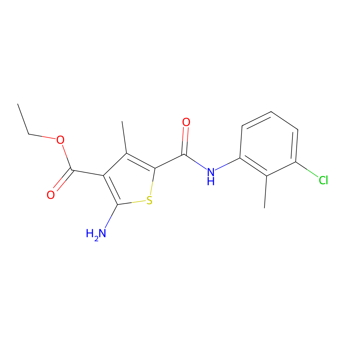 Ethyl 2-amino-5-[(3-chloro-2-methylphenyl)carbamoyl]-4-methylthiophene-3-carboxylate molecular structure, CAS 332906-16-8