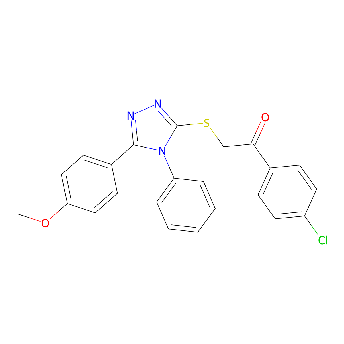 1-(4-chlorophenyl)-2-{[5-(4-methoxyphenyl)-4-phenyl-4H-1,2,4-triazol-3-yl]thio}ethanone molecular structure, CAS 332906-28-2