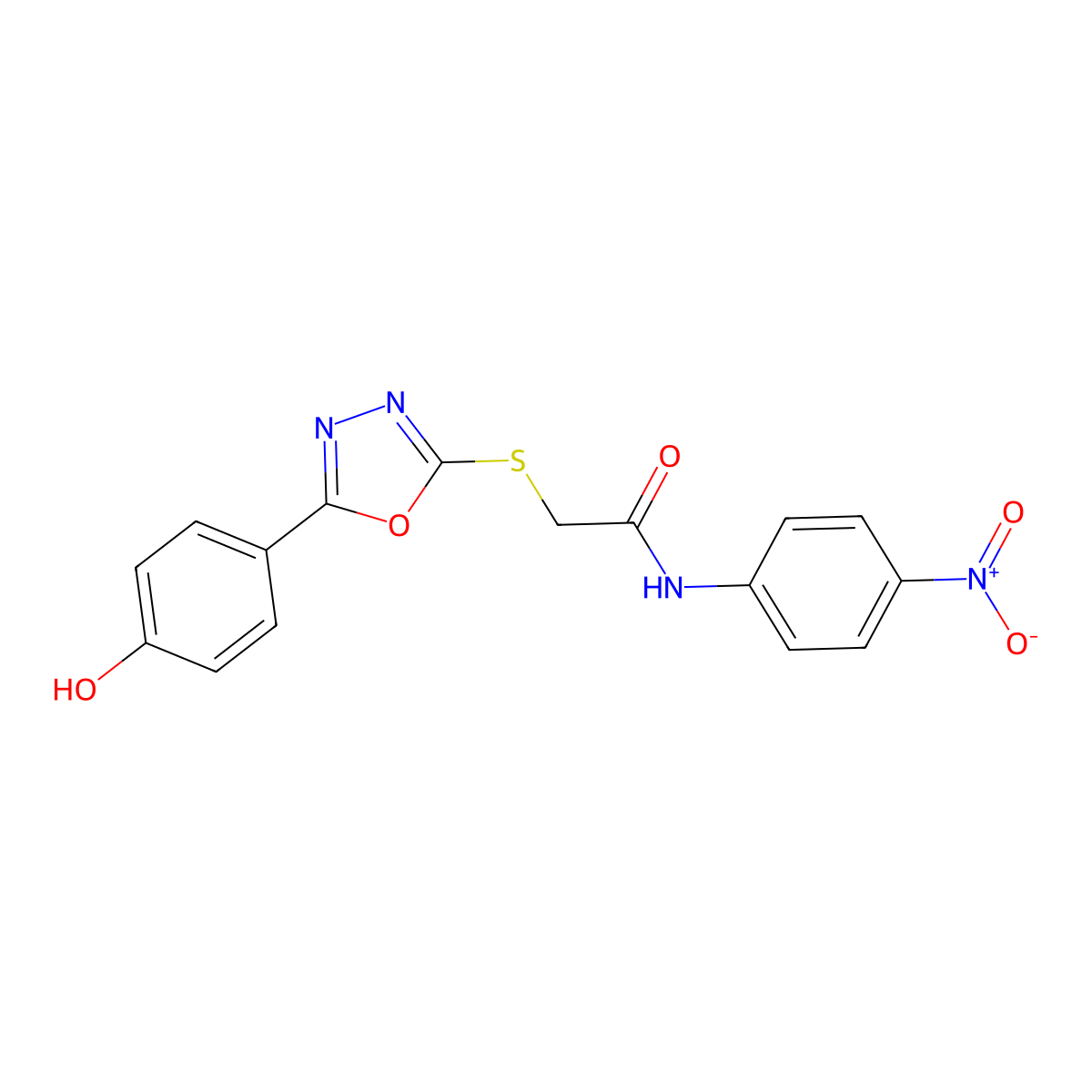 2-((5-(4-Hydroxyphenyl)-1,3,4-oxadiazol-2-yl)thio)-N-(4-nitrophenyl)acetamide molecular structure, CAS 332906-40-8