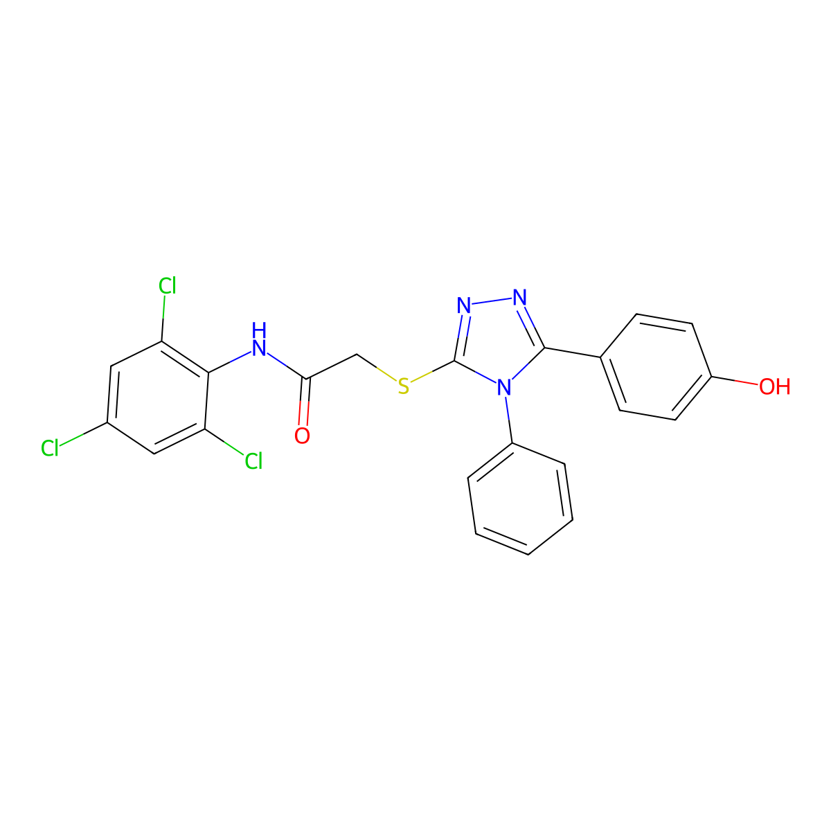 2-((5-(4-Hydroxyphenyl)-4-phenyl-4H-1,2,4-triazol-3-yl)thio)-N-(2,4,6-trichlorophenyl)acetamide molecular structure, CAS 332906-56-6