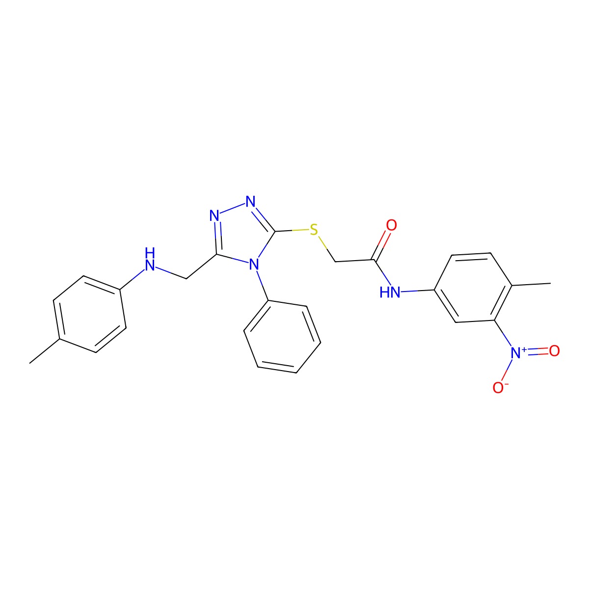 N-(4-Methyl-3-nitrophenyl)-2-((4-phenyl-5-((p-tolylamino)methyl)-4H-1,2,4-triazol-3-yl)thio)acetamide molecular structure, CAS 332907-08-1