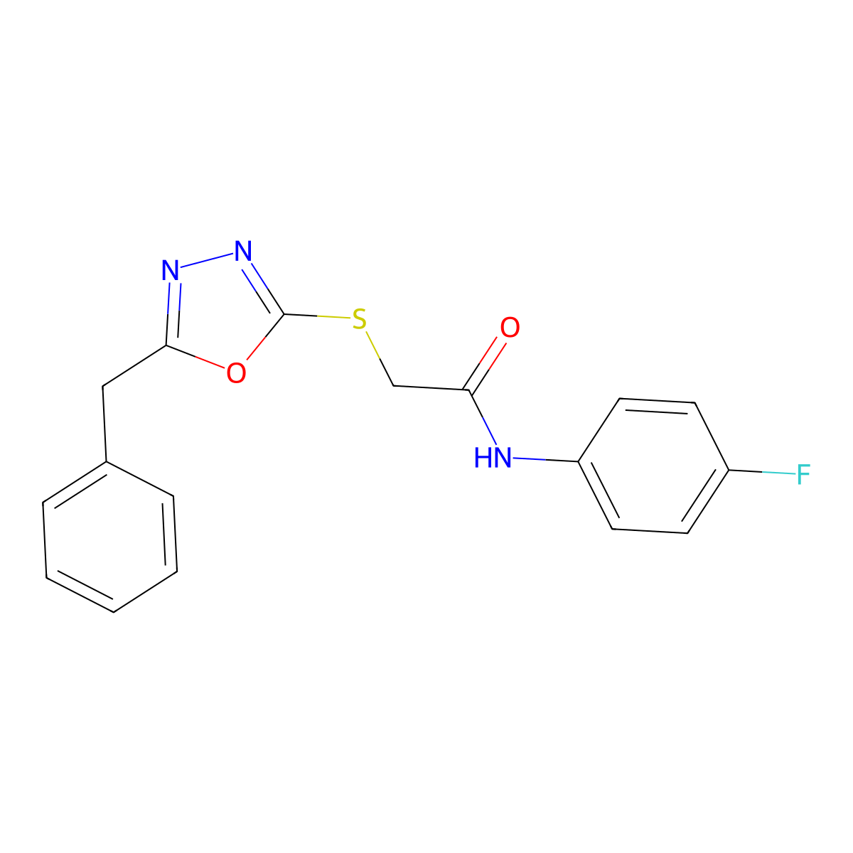 2-((5-benzyl-1,3,4-oxadiazol-2-yl)thio)-N-(4-fluorophenyl)acetamide molecular structure, CAS 332907-16-1
