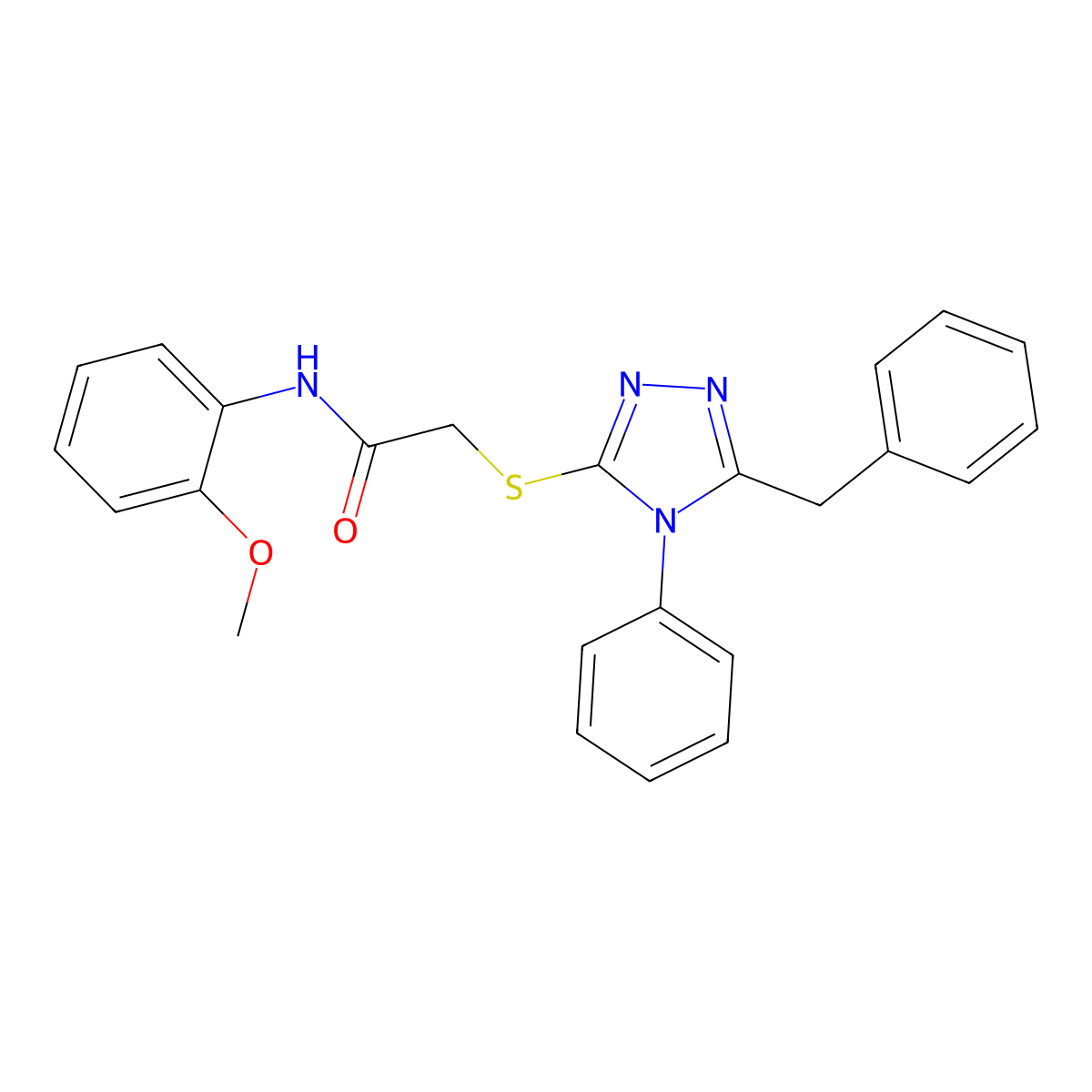 2-((5-Benzyl-4-phenyl-4H-1,2,4-triazol-3-yl)thio)-N-(2-methoxyphenyl)acetamide molecular structure, CAS 332907-37-6
