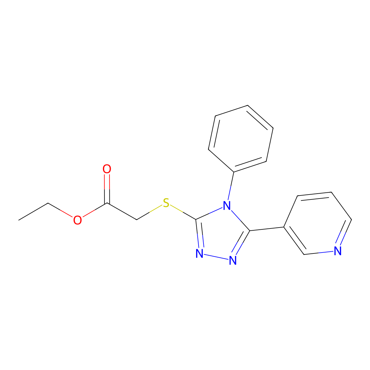 Ethyl 2-(4-phenyl-5-(3-pyridyl)-1,2,4-triazol-3-ylthio)acetate molecular structure, CAS 332909-79-2