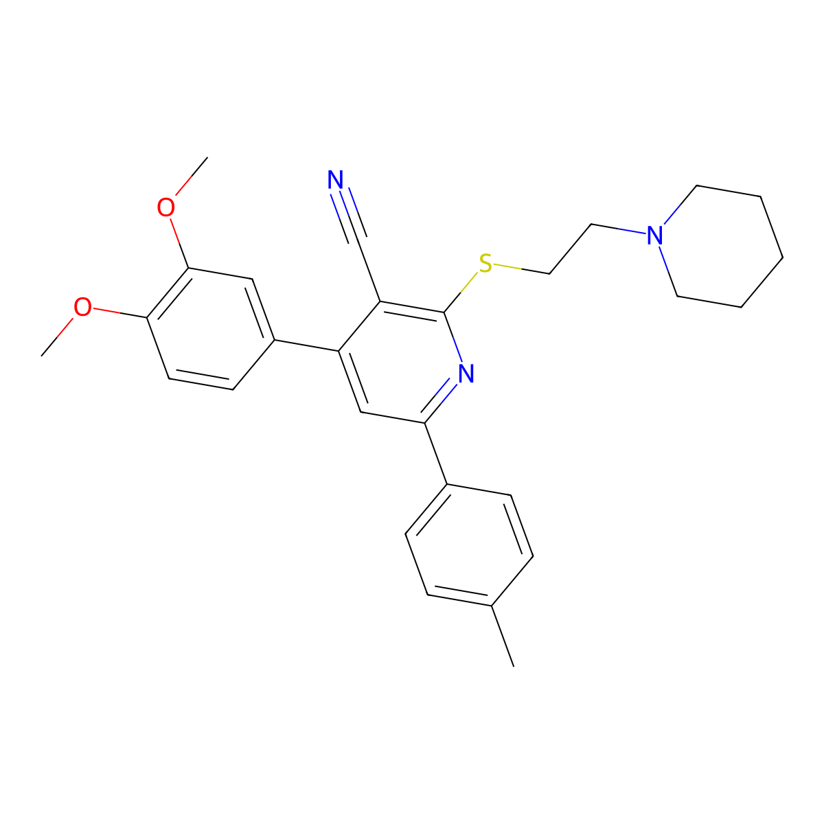 4-(3,4-Dimethoxyphenyl)-2-((2-(piperidin-1-yl)ethyl)thio)-6-(p-tolyl)nicotinonitrile molecular structure, CAS 332910-69-7