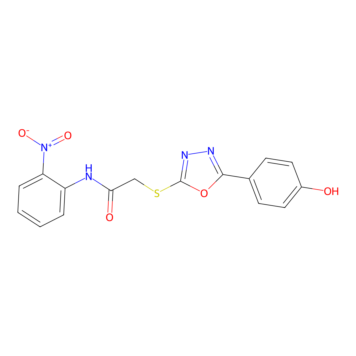 2-((5-(4-Hydroxyphenyl)-1,3,4-oxadiazol-2-yl)thio)-N-(2-nitrophenyl)acetamide molecular structure, CAS 332912-34-2